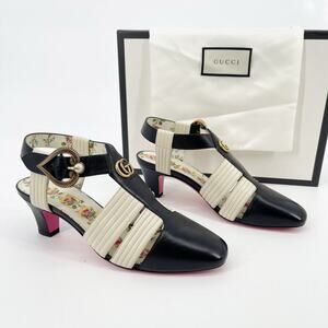 Gucci Gea Two Tone Black White Leather Marmont Logo GG T-bar Pump Heel EU 36